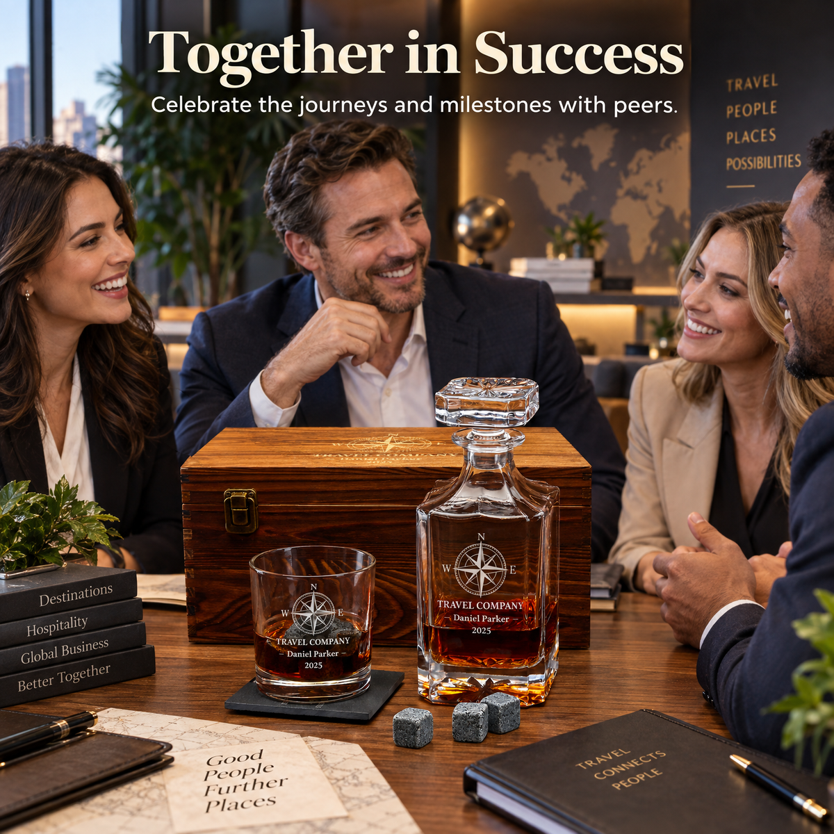 Travel & Hospitality Company Gifts – Square Decanter Set with 2 Glasses, 9 Whiskey Stones & Wooden Box product image