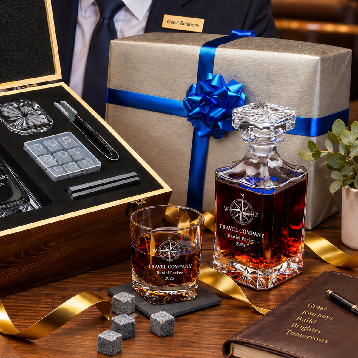 Travel & Hospitality Company Gifts – Square Decanter Set with 2 Glasses, 9 Whiskey Stones & Wooden Box product image