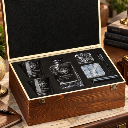 Travel & Hospitality Company Gifts – Square Decanter Set with 2 Glasses, 9 Whiskey Stones & Wooden Box – image 10