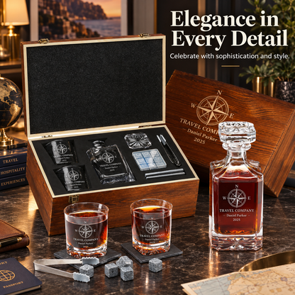 Travel & Hospitality Company Gifts – Square Decanter Set with 2 Glasses, 9 Whiskey Stones & Wooden Box – image 12