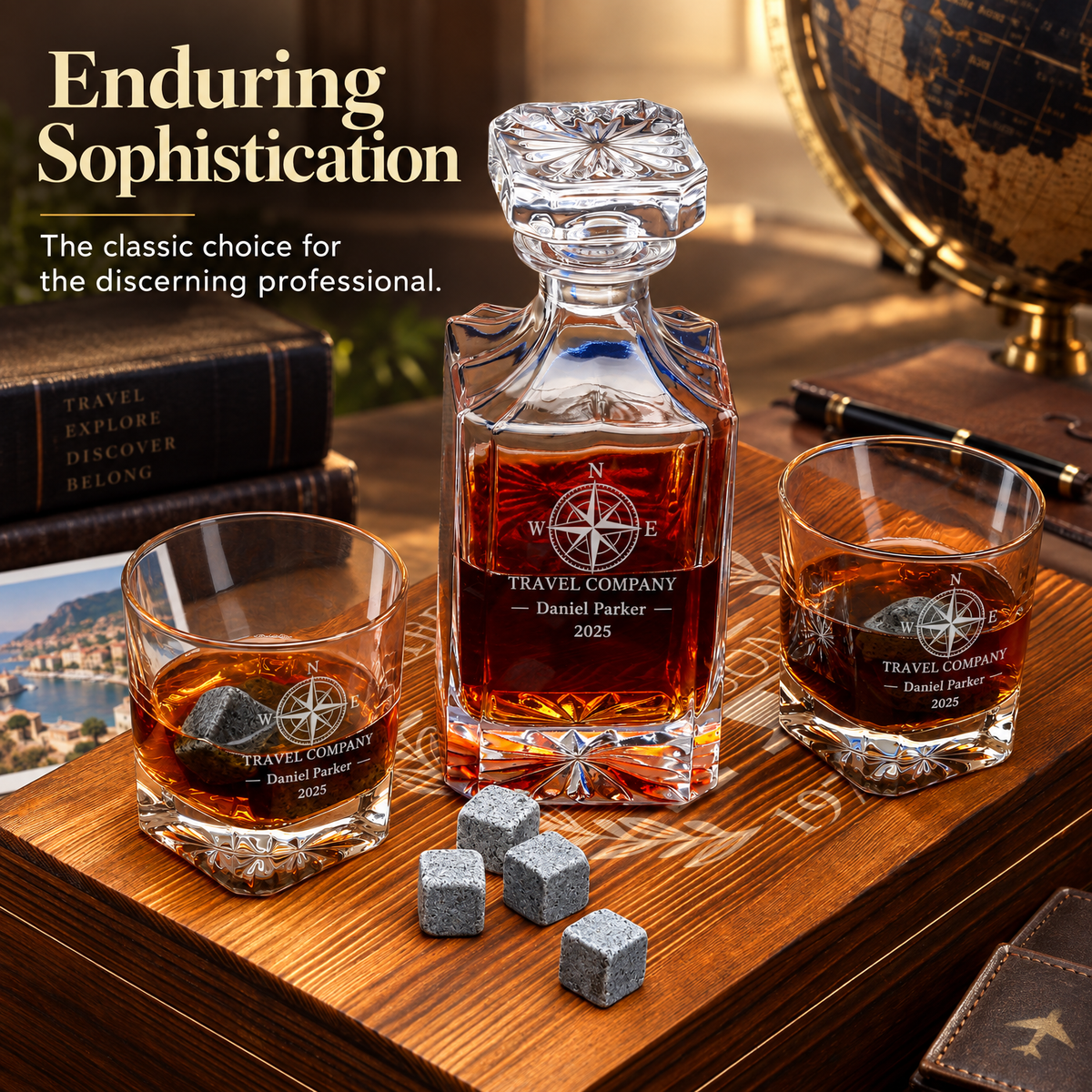Travel & Hospitality Company Gifts – Square Decanter Set with 2 Glasses, 9 Whiskey Stones & Wooden Box – image 16