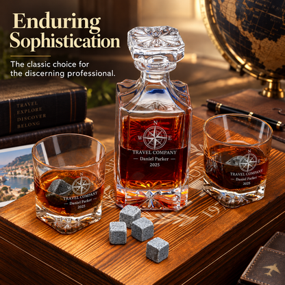 Travel & Hospitality Company Gifts – Square Decanter Set with 2 Glasses, 9 Whiskey Stones & Wooden Box – image 16