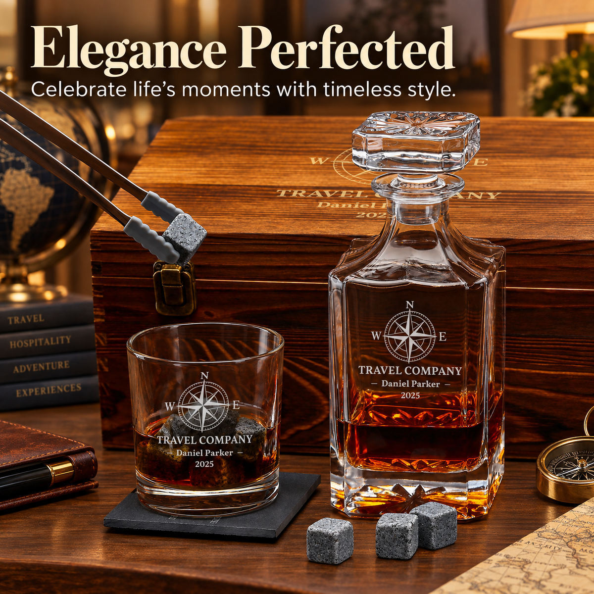 Travel & Hospitality Company Gifts – Square Decanter Set with 2 Glasses, 9 Whiskey Stones & Wooden Box product image