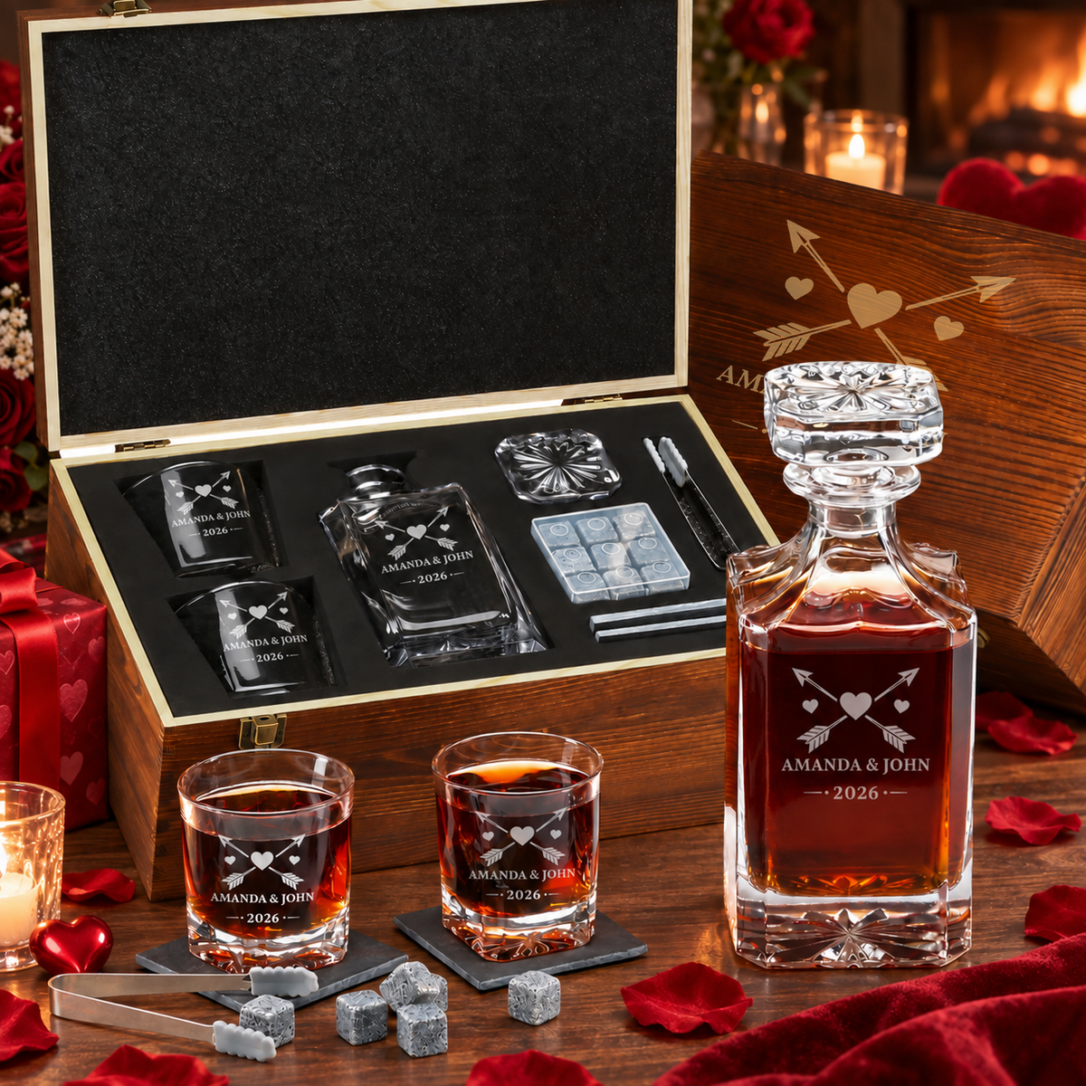 Valentine's Day Gift – Square Decanter Set with 2 Glasses, 9 Whiskey Stones & Wooden Box product image