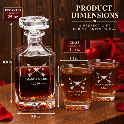 Valentine's Day Gift – Square Decanter Set with 2 Glasses, 9 Whiskey Stones & Wooden Box – image 02