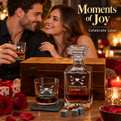 Valentine's Day Gift – Square Decanter Set with 2 Glasses, 9 Whiskey Stones & Wooden Box – image 05