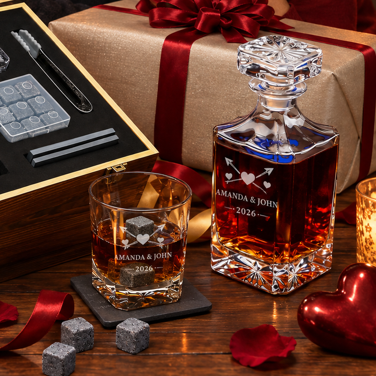 Valentine's Day Gift – Square Decanter Set with 2 Glasses, 9 Whiskey Stones & Wooden Box – image 07