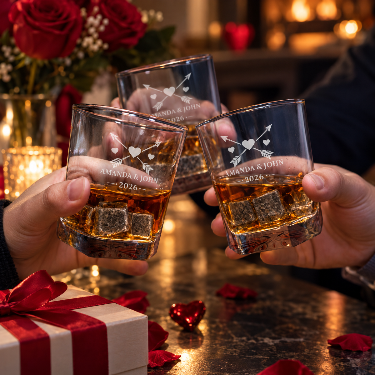 Valentine's Day Gift – Square Decanter Set with 2 Glasses, 9 Whiskey Stones & Wooden Box product image