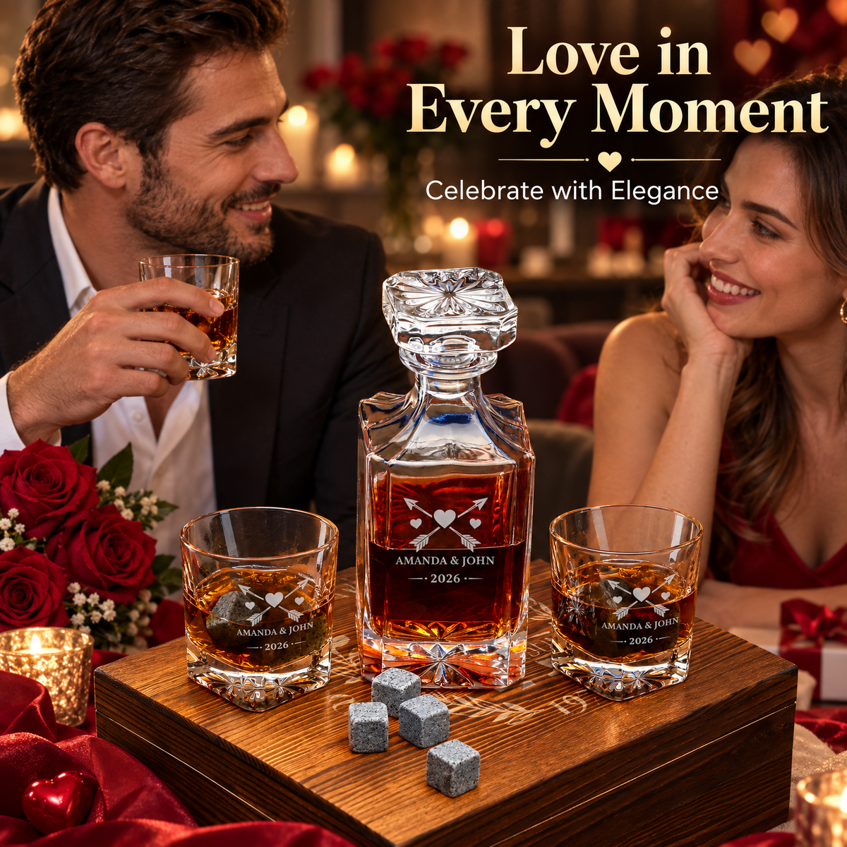 Valentine's Day Gift – Square Decanter Set with 2 Glasses, 9 Whiskey Stones & Wooden Box product image