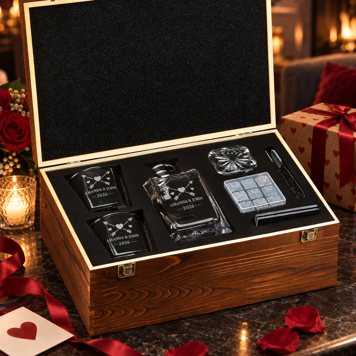 Valentine's Day Gift – Square Decanter Set with 2 Glasses, 9 Whiskey Stones & Wooden Box product image