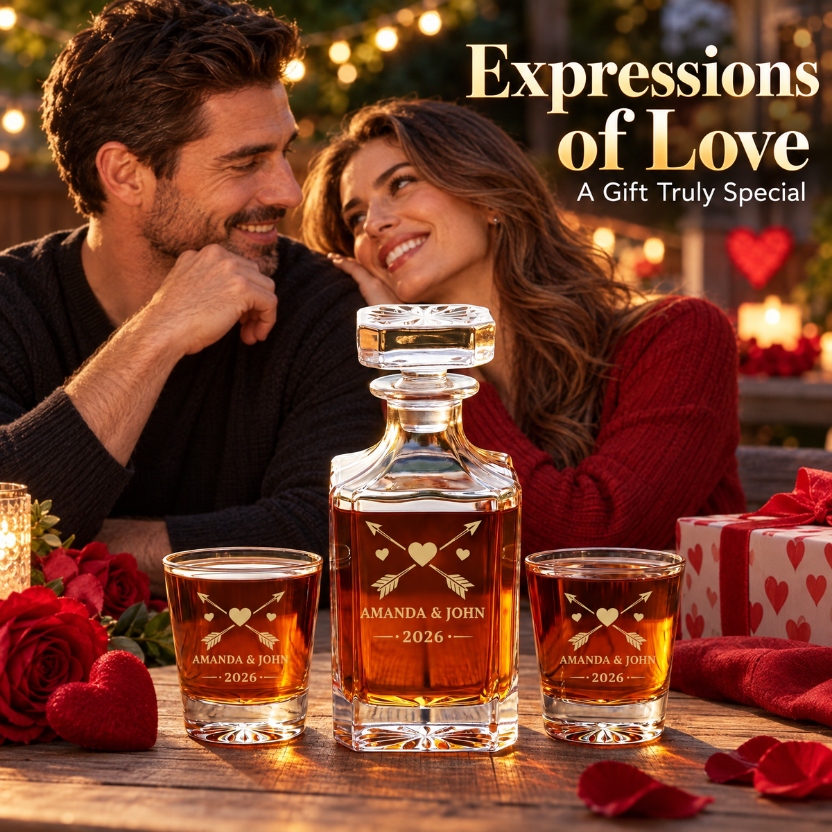 Valentine's Day Gift – Square Decanter Set with 2 Glasses, 9 Whiskey Stones & Wooden Box product image