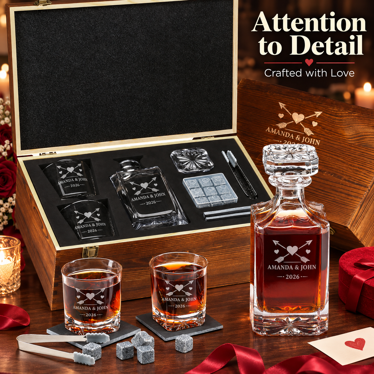 Valentine's Day Gift – Square Decanter Set with 2 Glasses, 9 Whiskey Stones & Wooden Box product image