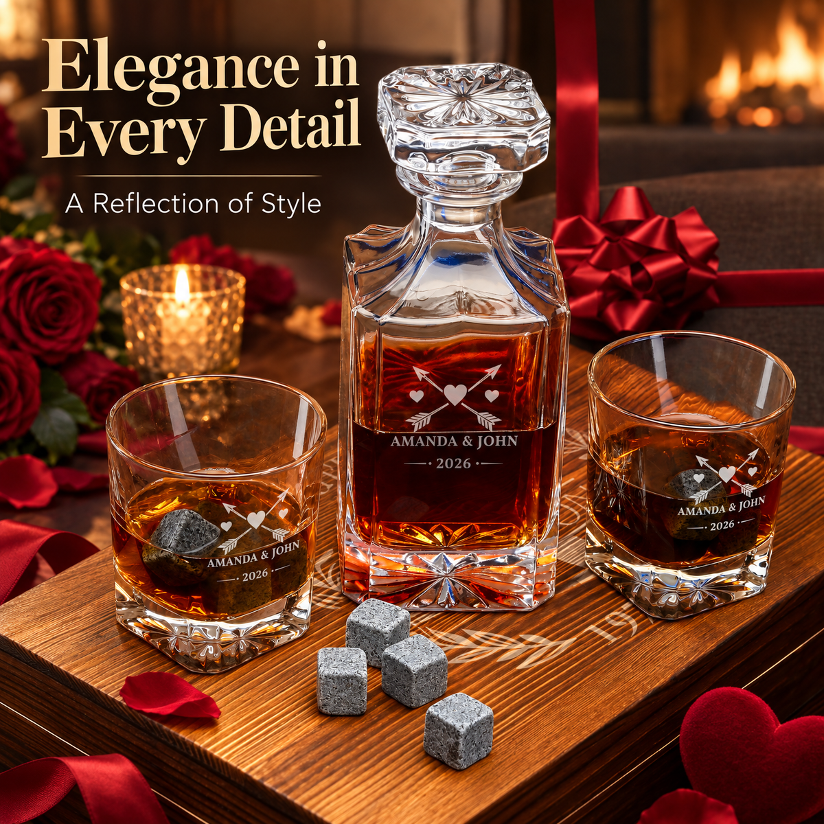 Valentine's Day Gift – Square Decanter Set with 2 Glasses, 9 Whiskey Stones & Wooden Box – image 16