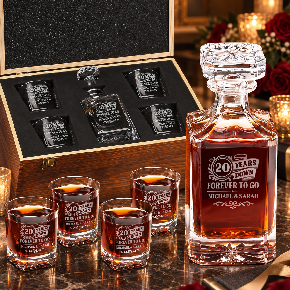 Anniversary Gift – Square Decanter Set with 4 Glasses & Wooden Box – image 01