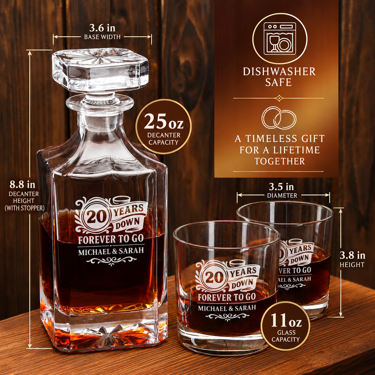 Anniversary Gift – Square Decanter Set with 4 Glasses & Wooden Box product image
