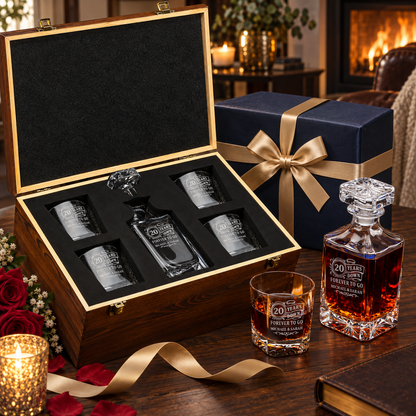 Anniversary Gift – Square Decanter Set with 4 Glasses & Wooden Box – image 04