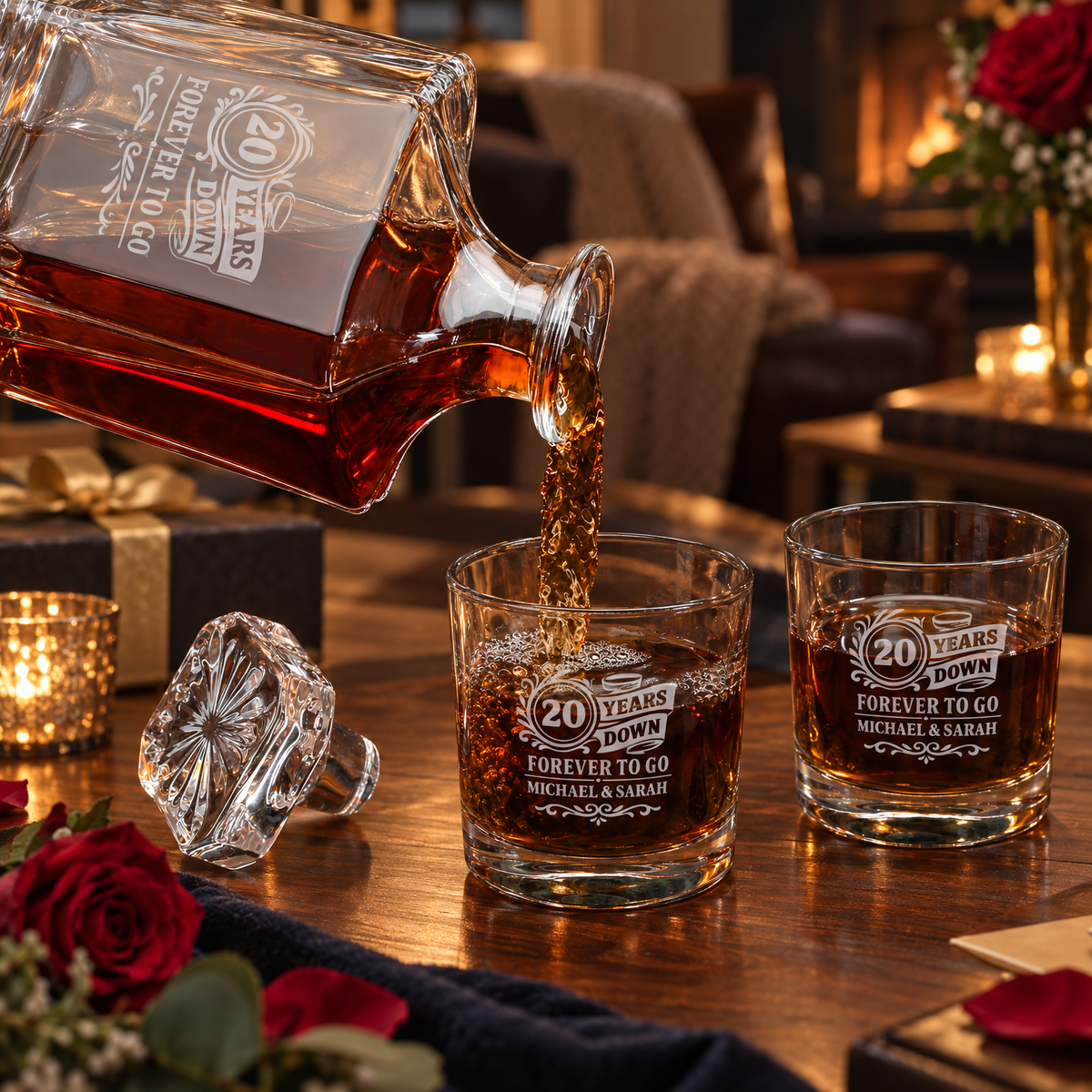 Anniversary Gift – Square Decanter Set with 4 Glasses & Wooden Box – image 06