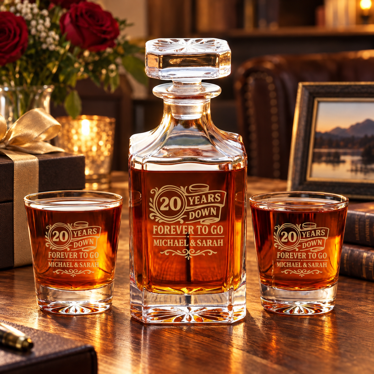 Anniversary Gift – Square Decanter Set with 4 Glasses & Wooden Box product image