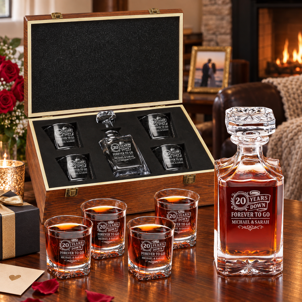 Anniversary Gift – Square Decanter Set with 4 Glasses & Wooden Box product image