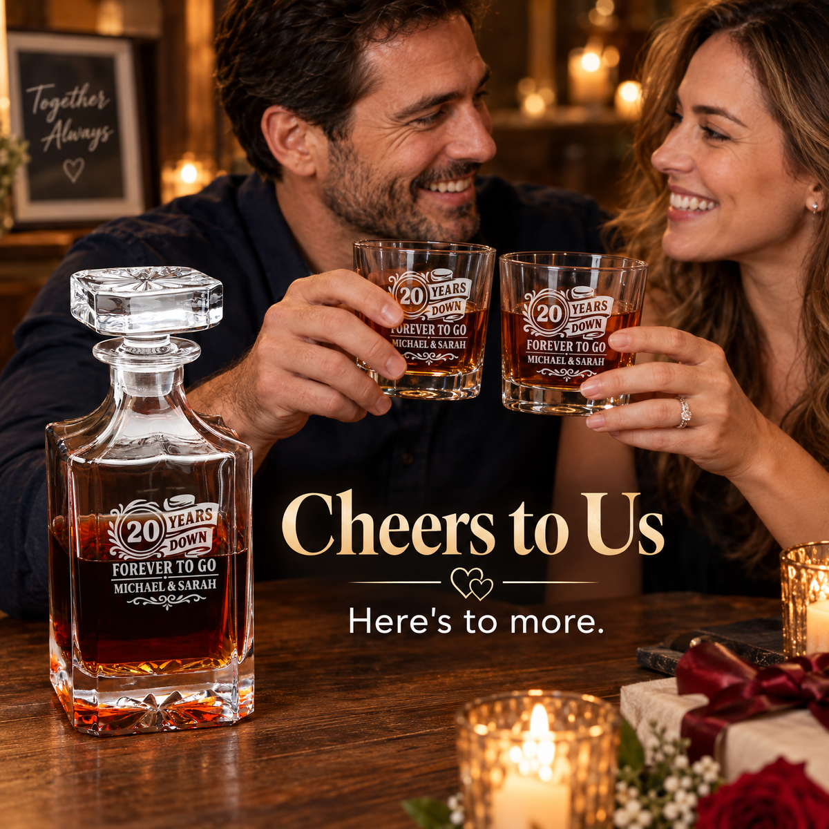 Anniversary Gift – Square Decanter Set with 4 Glasses & Wooden Box product image