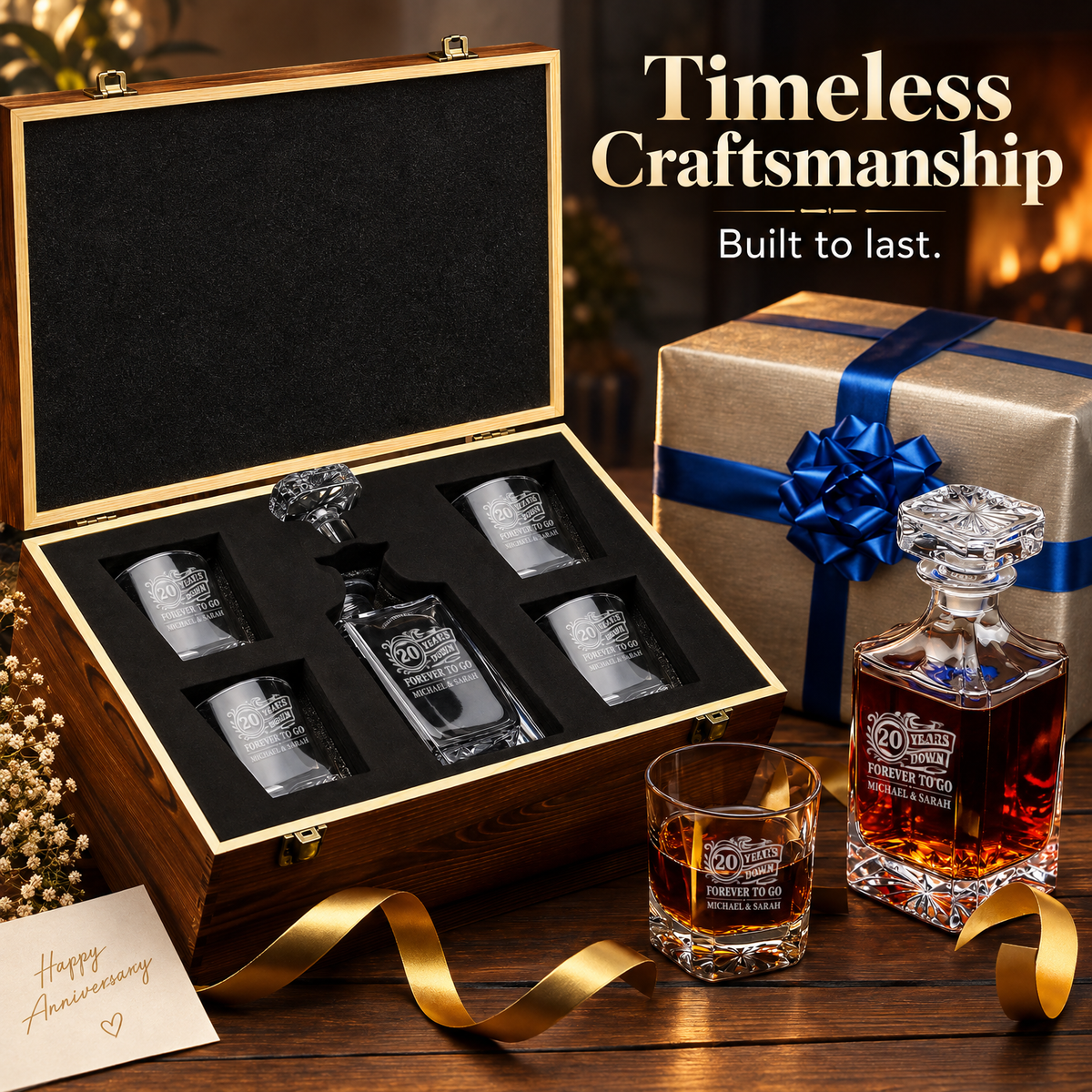 Anniversary Gift – Square Decanter Set with 4 Glasses & Wooden Box product image