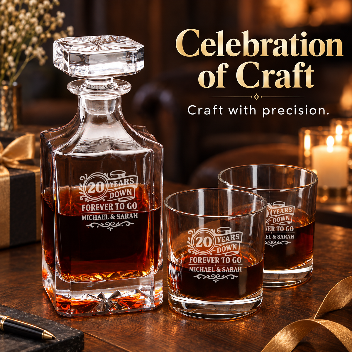 Anniversary Gift – Square Decanter Set with 4 Glasses & Wooden Box – image 20