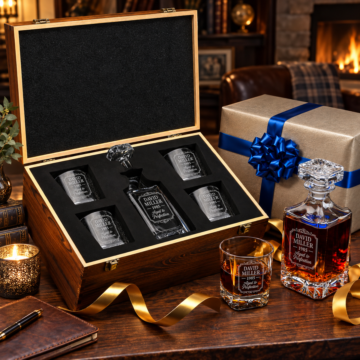 Birthday Gift – Square Decanter Set with 4 Glasses & Wooden Box product image