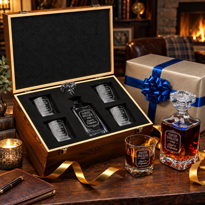 Birthday Gift – Square Decanter Set with 4 Glasses & Wooden Box – image 04