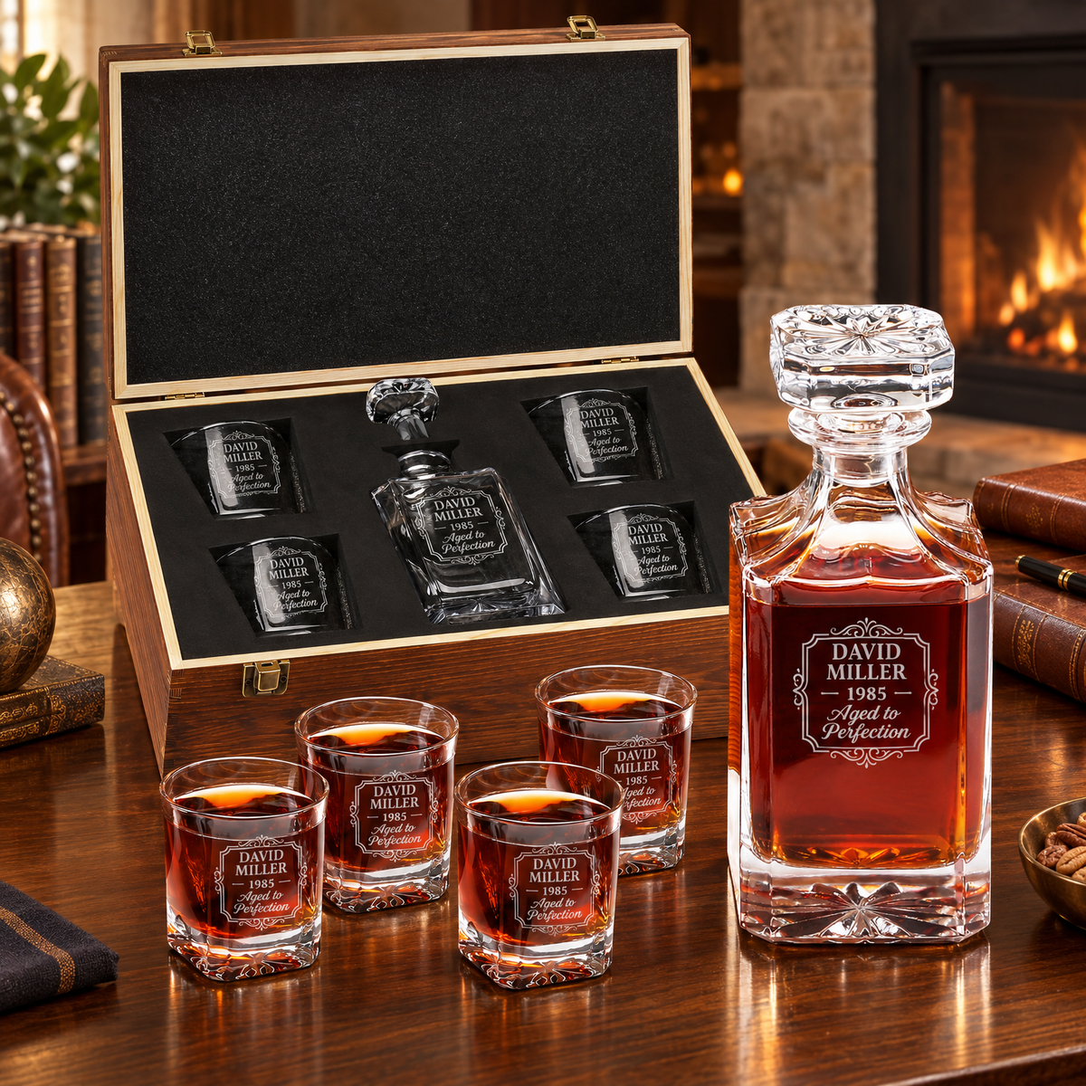Birthday Gift – Square Decanter Set with 4 Glasses & Wooden Box – image 10