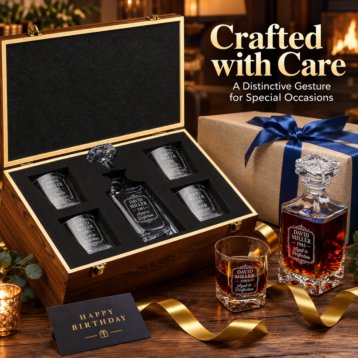 Birthday Gift – Square Decanter Set with 4 Glasses & Wooden Box – image 12