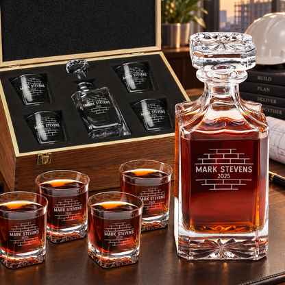 Construction Company Gifts – Square Decanter Set with 4 Glasses & Wooden Box – image 01