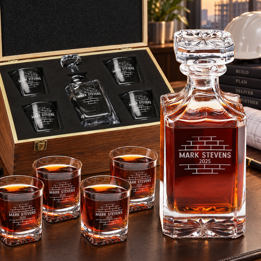 Construction Company Gifts – Square Decanter Set with 4 Glasses & Wooden Box – image 01