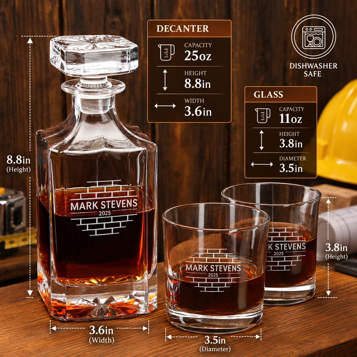 Construction Company Gifts – Square Decanter Set with 4 Glasses & Wooden Box – image 02