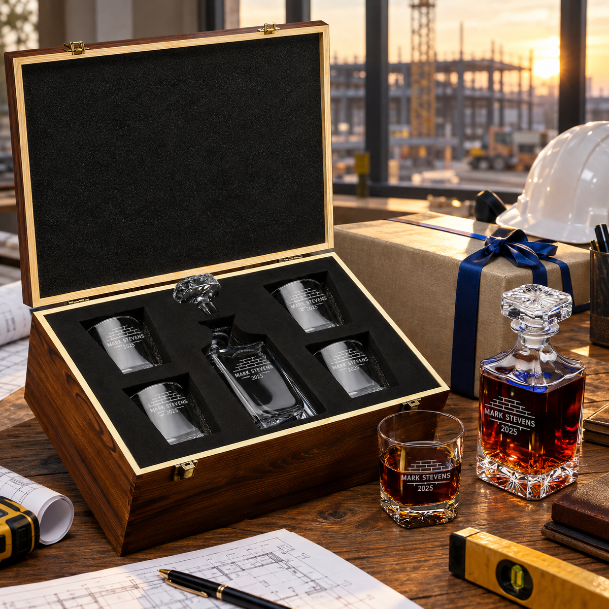 Construction Company Gifts – Square Decanter Set with 4 Glasses & Wooden Box – image 04