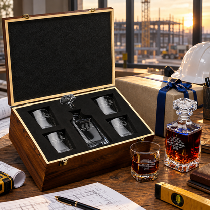 Construction Company Gifts – Square Decanter Set with 4 Glasses & Wooden Box – image 04