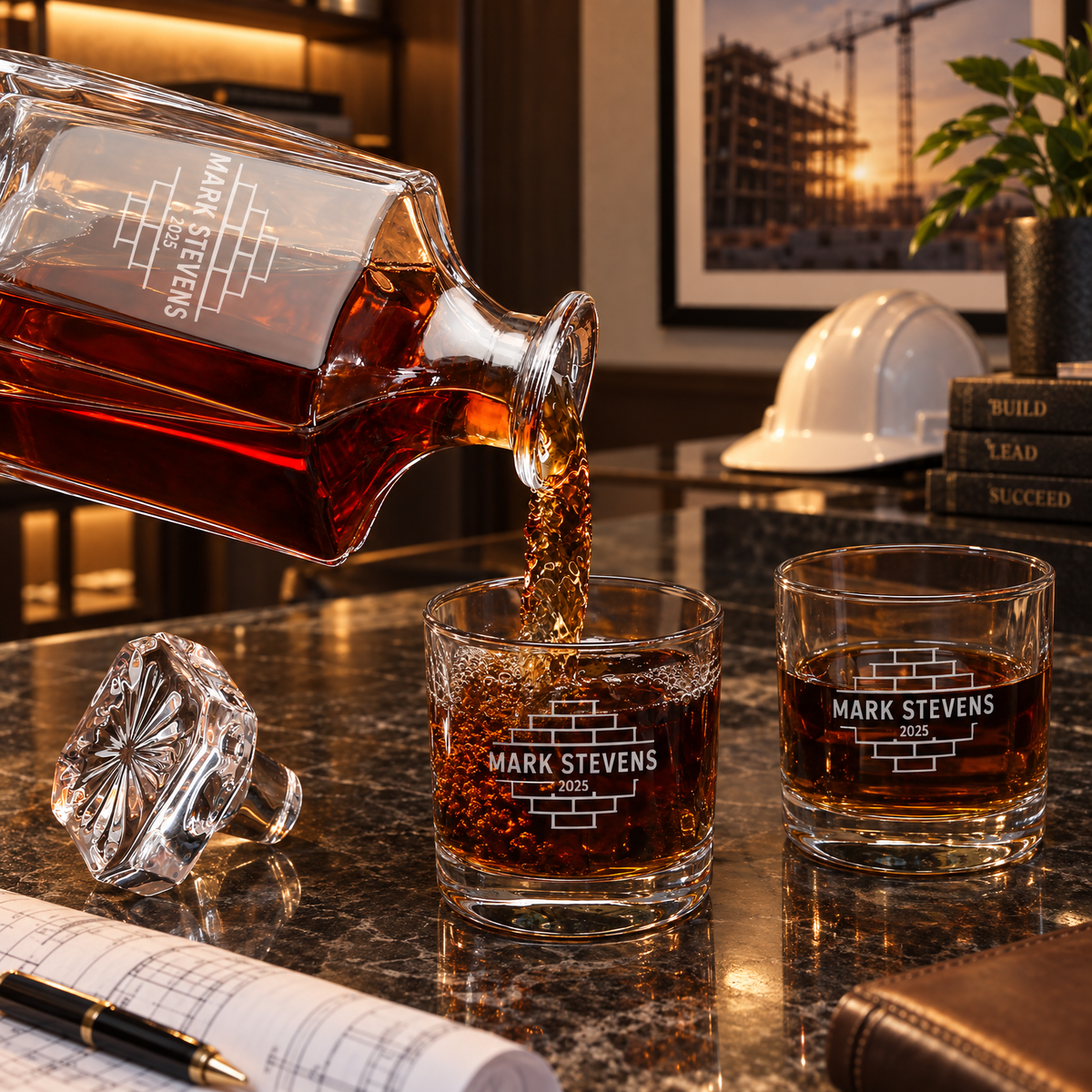 Construction Company Gifts – Square Decanter Set with 4 Glasses & Wooden Box product image