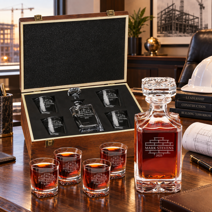 Construction Company Gifts – Square Decanter Set with 4 Glasses & Wooden Box – image 10