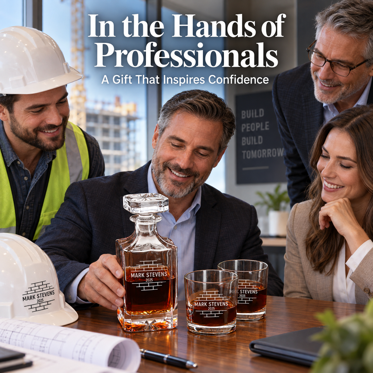 Construction Company Gifts – Square Decanter Set with 4 Glasses & Wooden Box product image