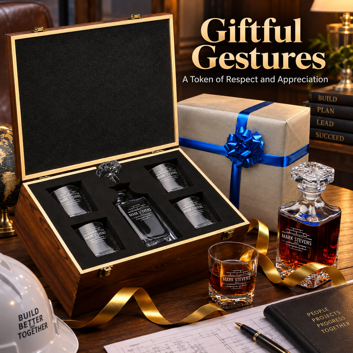 Construction Company Gifts – Square Decanter Set with 4 Glasses & Wooden Box product image