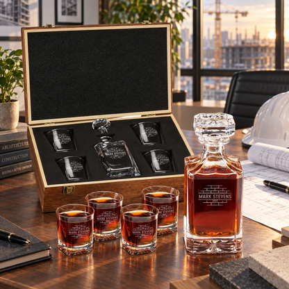 Construction Company Gifts – Square Decanter Set with 4 Glasses & Wooden Box – image 19