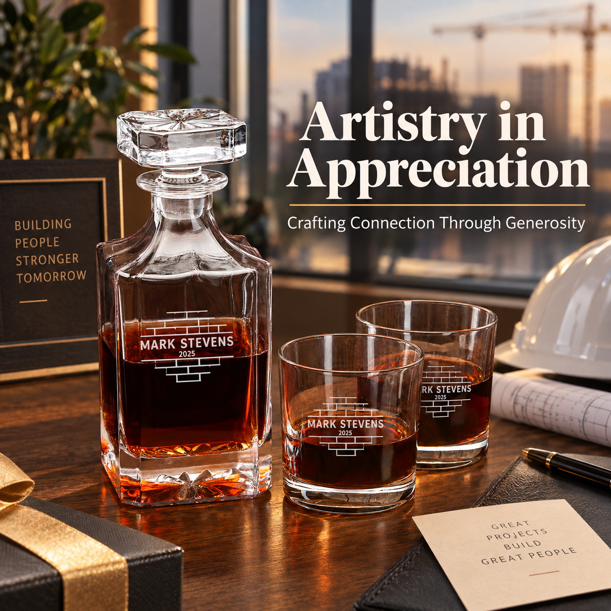 Construction Company Gifts – Square Decanter Set with 4 Glasses & Wooden Box product image