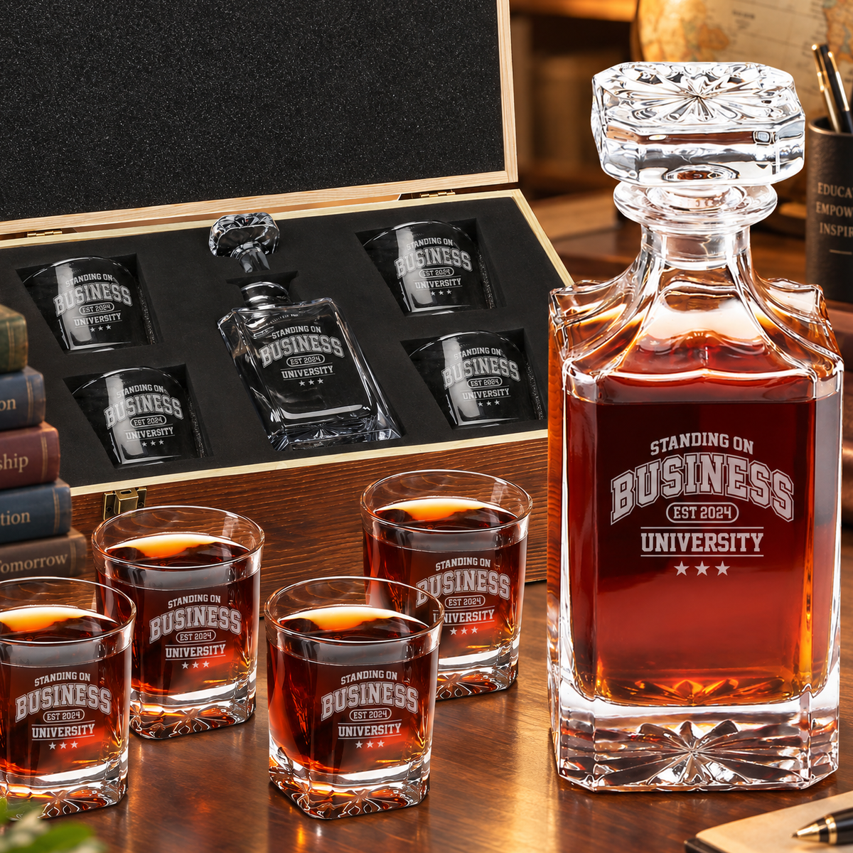 Education Company Gifts – Square Decanter Set with 4 Glasses & Wooden Box product image