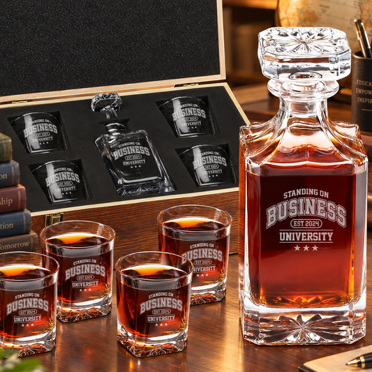 Education Company Gifts – Square Decanter Set with 4 Glasses & Wooden Box – image 01