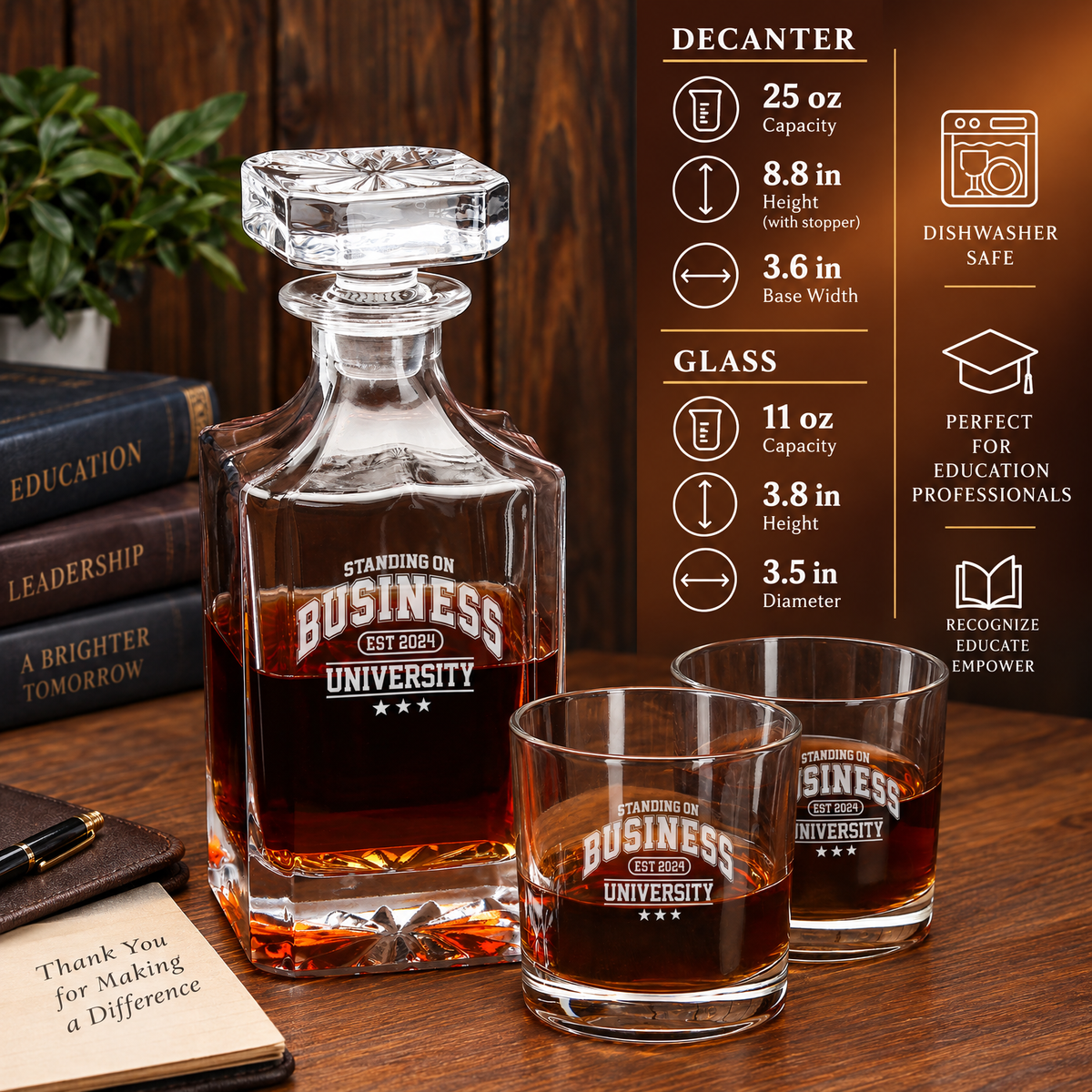 Education Company Gifts – Square Decanter Set with 4 Glasses & Wooden Box – image 02
