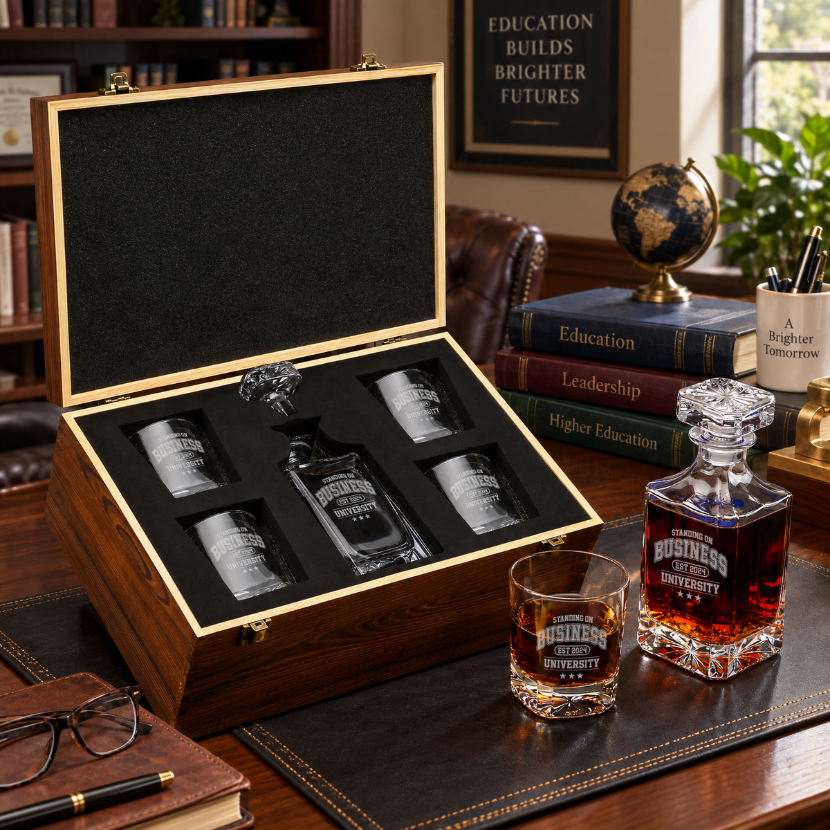 Education Company Gifts – Square Decanter Set with 4 Glasses & Wooden Box product image