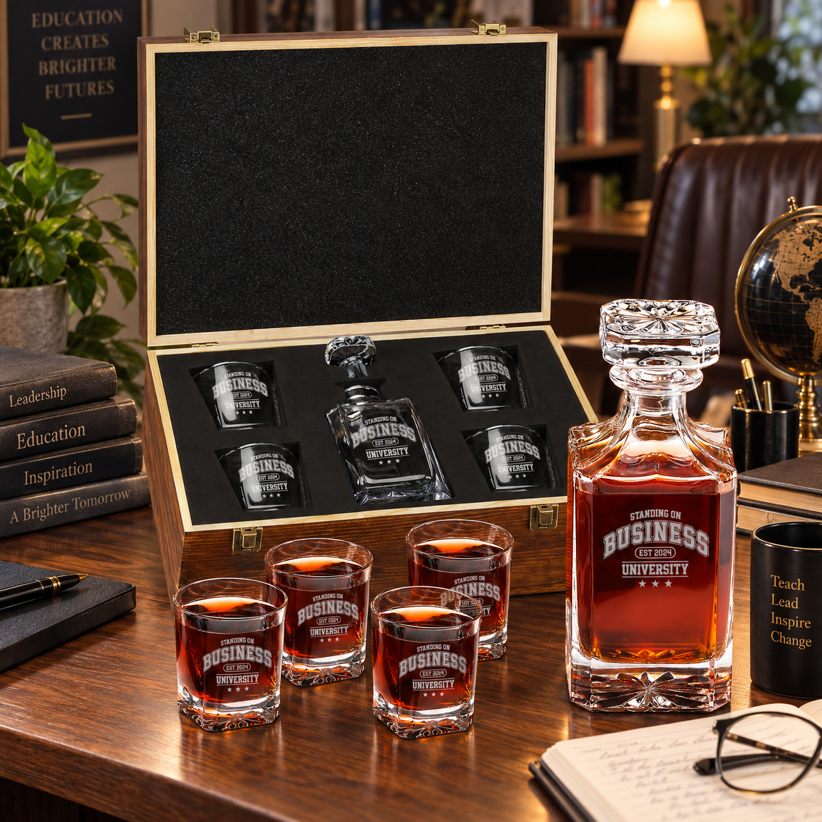 Education Company Gifts – Square Decanter Set with 4 Glasses & Wooden Box – image 10