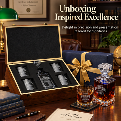 Education Company Gifts – Square Decanter Set with 4 Glasses & Wooden Box – image 12