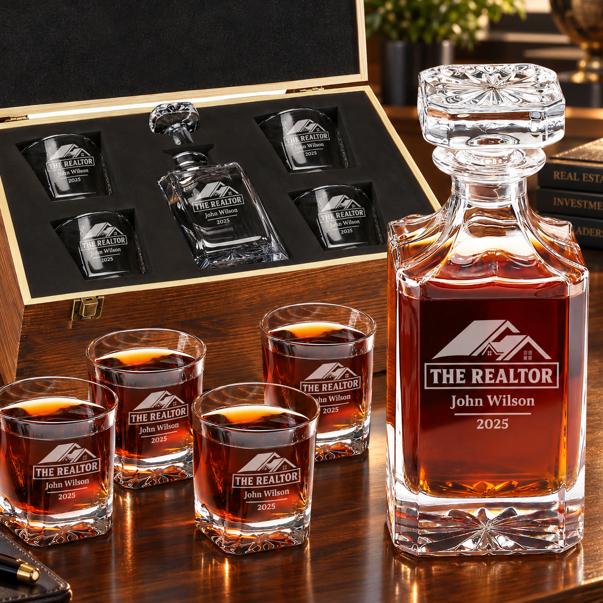 Real Estate Company Gifts – Square Decanter Set with 4 Glasses & Wooden Box product image