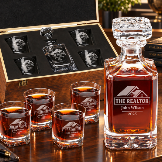 Real Estate Company Gifts – Square Decanter Set with 4 Glasses & Wooden Box – image 01