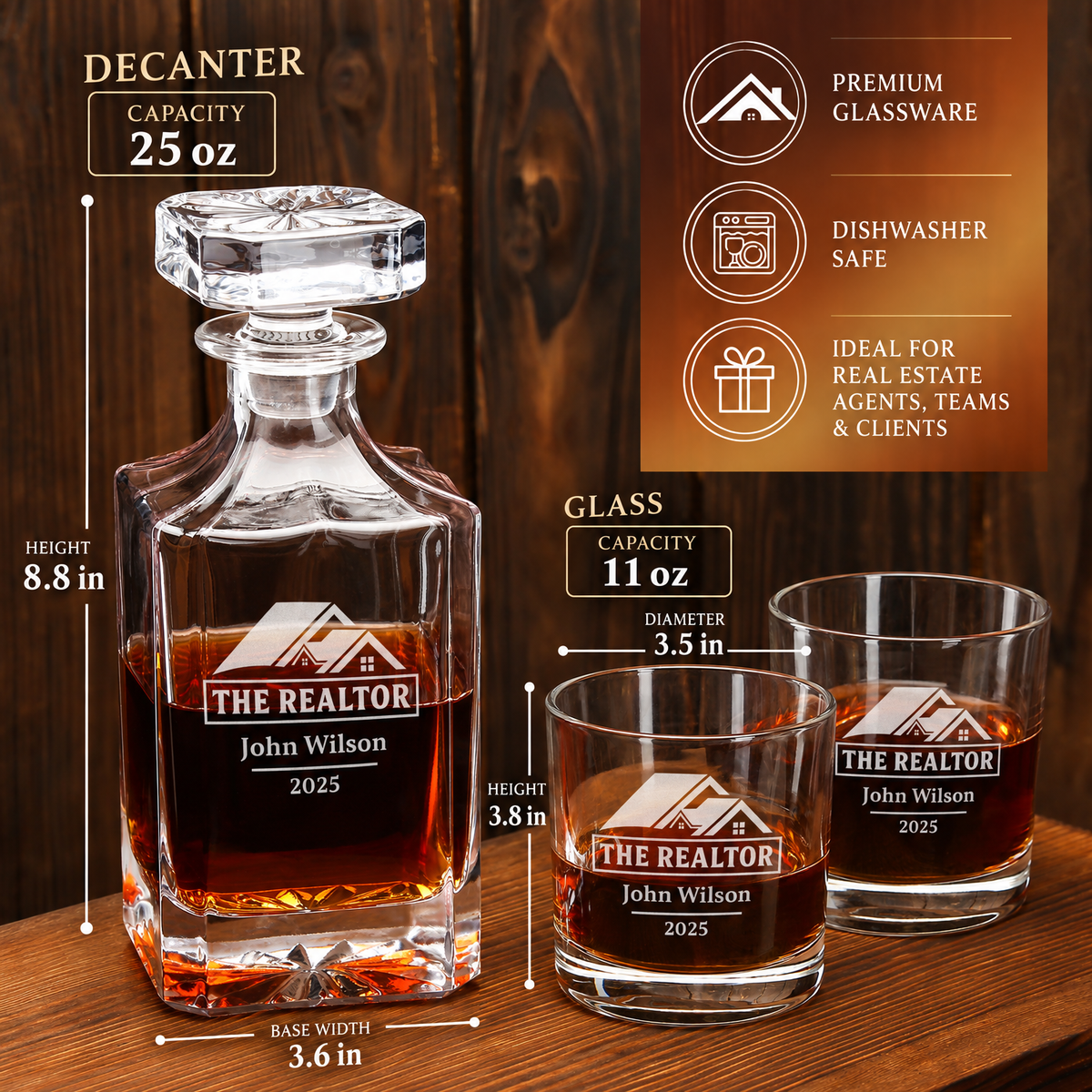 Real Estate Company Gifts – Square Decanter Set with 4 Glasses & Wooden Box – image 02